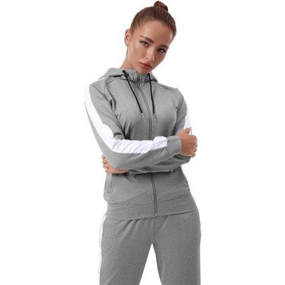 Womens Full Zip-Up Hoodie Tracksuit Set Long Sleeve Casual Jogging Suits Workout - Picture 4 of 7